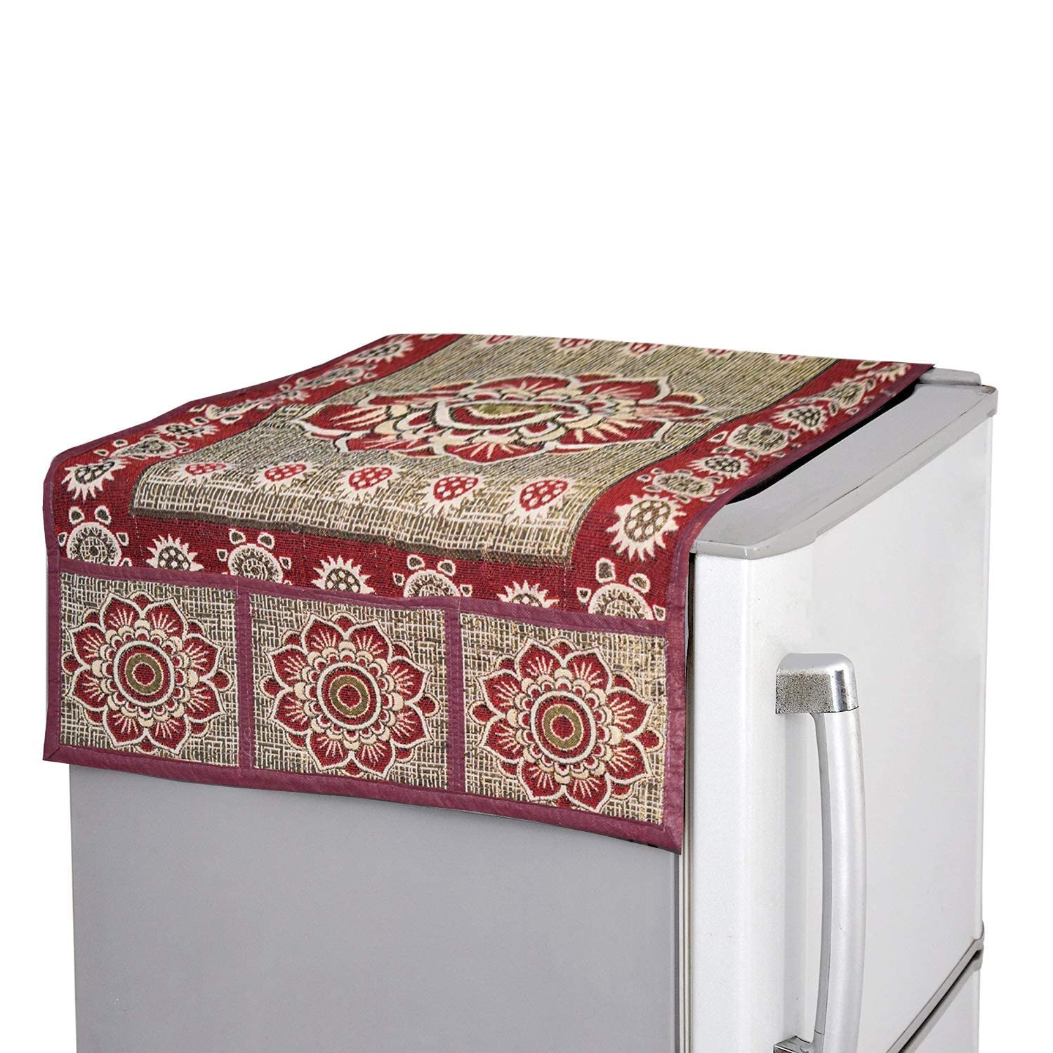 Tiksha Enterprises Rangoli Print Fridge Cover With Side Pockets|Fridge Top Cover|Refrigerator Single Door Cover|Washable Cotton Material|6 Utility Pockets Maroon