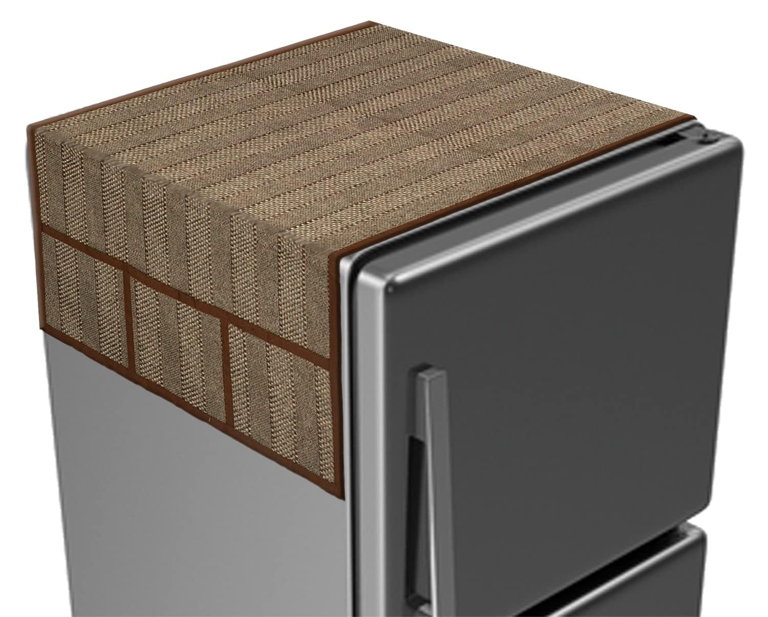 Tiksha Enterprises  Lining Print Fridge Cover With Side Pockets|Fridge Top Cover|Refrigerator Single Door Cover|Washable Cotton Material|6 Utility Pockets Golden