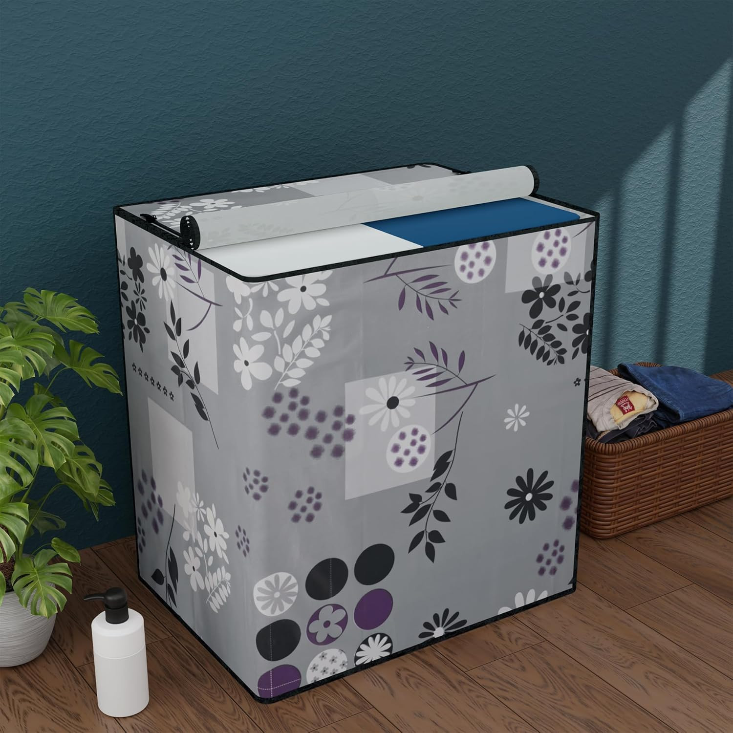 Tiksha Enterprises Waterproof & Dustproof Semi-Automatic Washing Machine Cover 6 kg/6.5 kg/7 kg/7.5 kg with Zip | Top Load Machine Cover With Cuts For Wires & Pipes | Grey Flower Circle