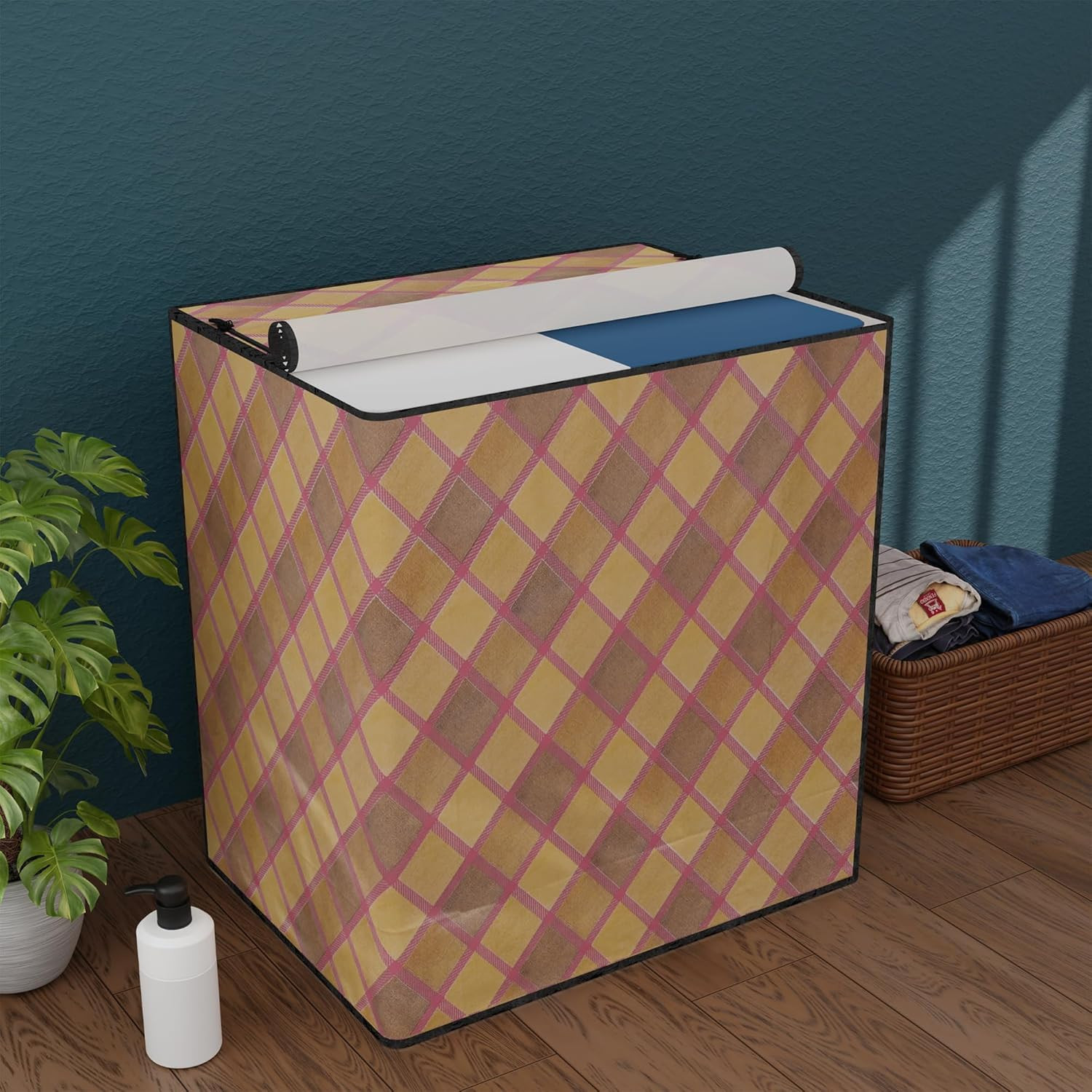 Tiksha Enterprises Waterproof & Dustproof Semi-Automatic Washing Machine Cover 6 kg/6.5 kg/7 kg/7.5 kg with Zip | Top Load Machine Cover With Cuts For Wires & Pipes | Maroon Golden Check