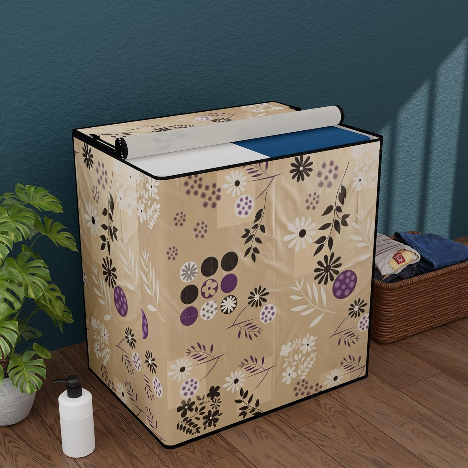 Tiksha Enterprises Waterproof & Dustproof Semi-Automatic Washing Machine Cover 6 kg/6.5 kg/7 kg/7.5 kg with Zip | Top Load Machine Cover With Cuts For Wires & Pipes | Light Brown Flower