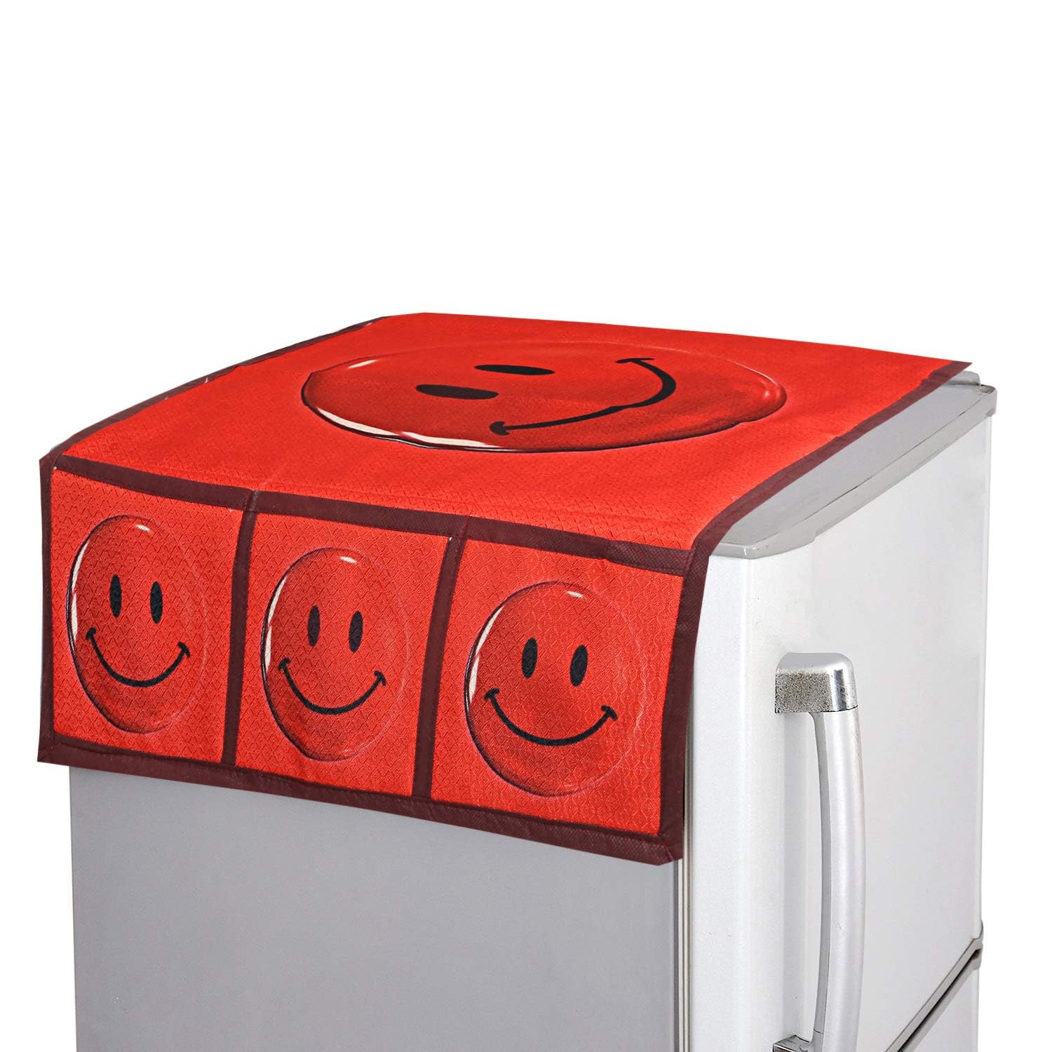 Tiksha Enterprises Smiley Print Fridge Cover With Side Pockets|Fridge Top Cover|Refrigerator Single Door Cover|Washable Cotton Material|6 Utility Pockets Red