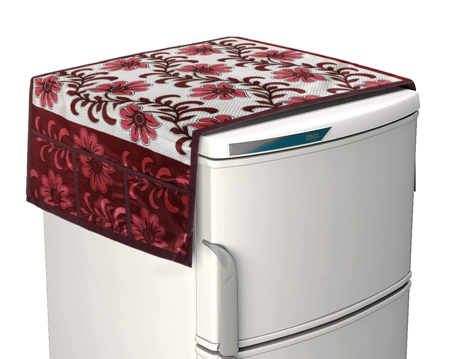 Tiksha Enterprises Floral Print Fridge Cover With Side Pockets|Fridge Top Cover|Refrigerator Single Door  Cover|Washable Cotton Material|6 Utility Pockets Cream & Red