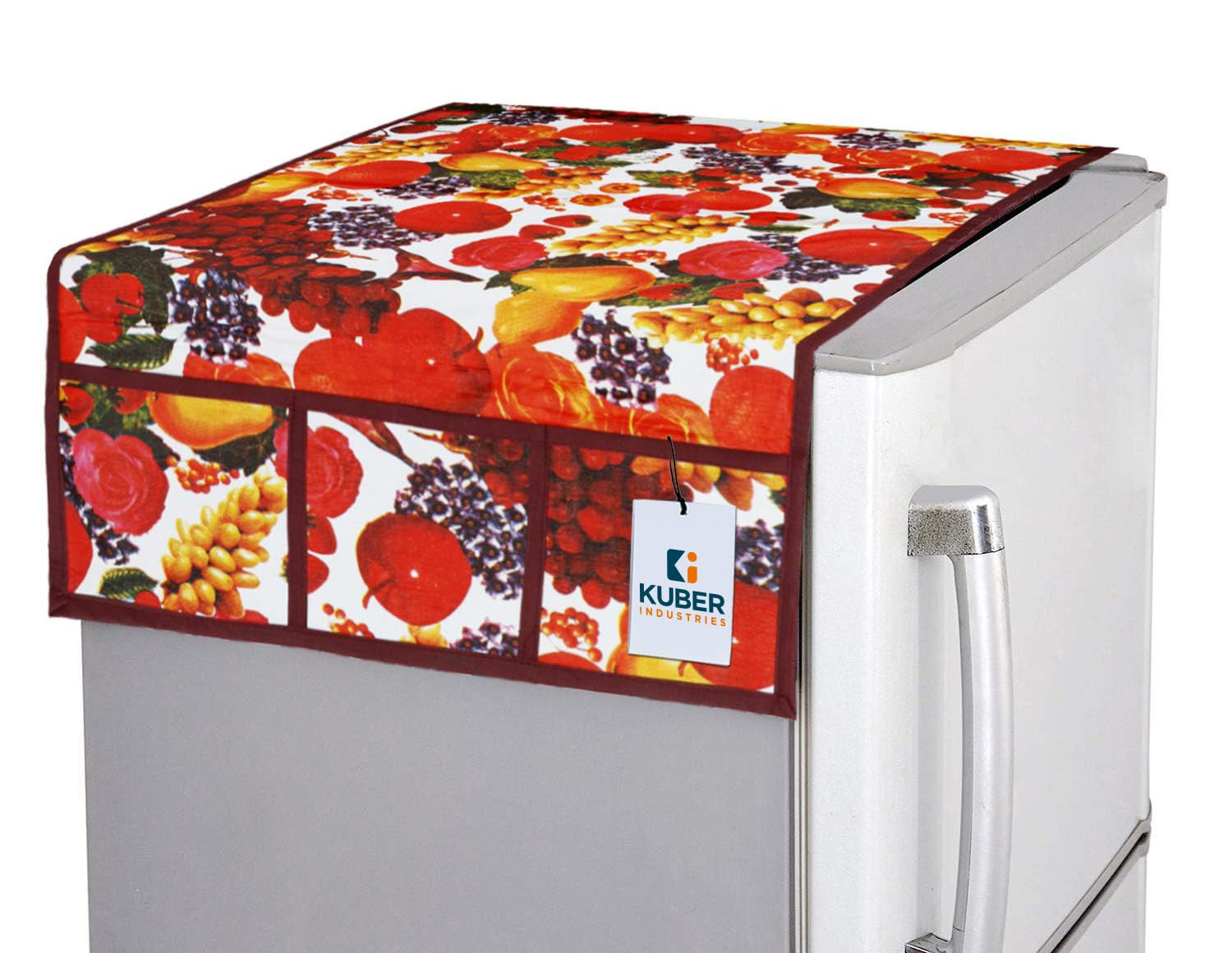 Tiksha Enterprises Fruit Print Fridge Cover With Side Pockets|Fridge Top Cover|Refrigerator Single Door Cover|Washable Cotton Material|6 Utility Pockets Red