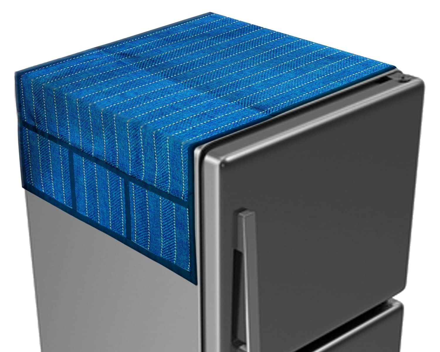 Tiksha Enterprises Lining Print Fridge Cover With Side Pockets|Fridge Top Cover|Refrigerator Single Door Cover|Washable Cotton Material|6 Utility Pockets Blue