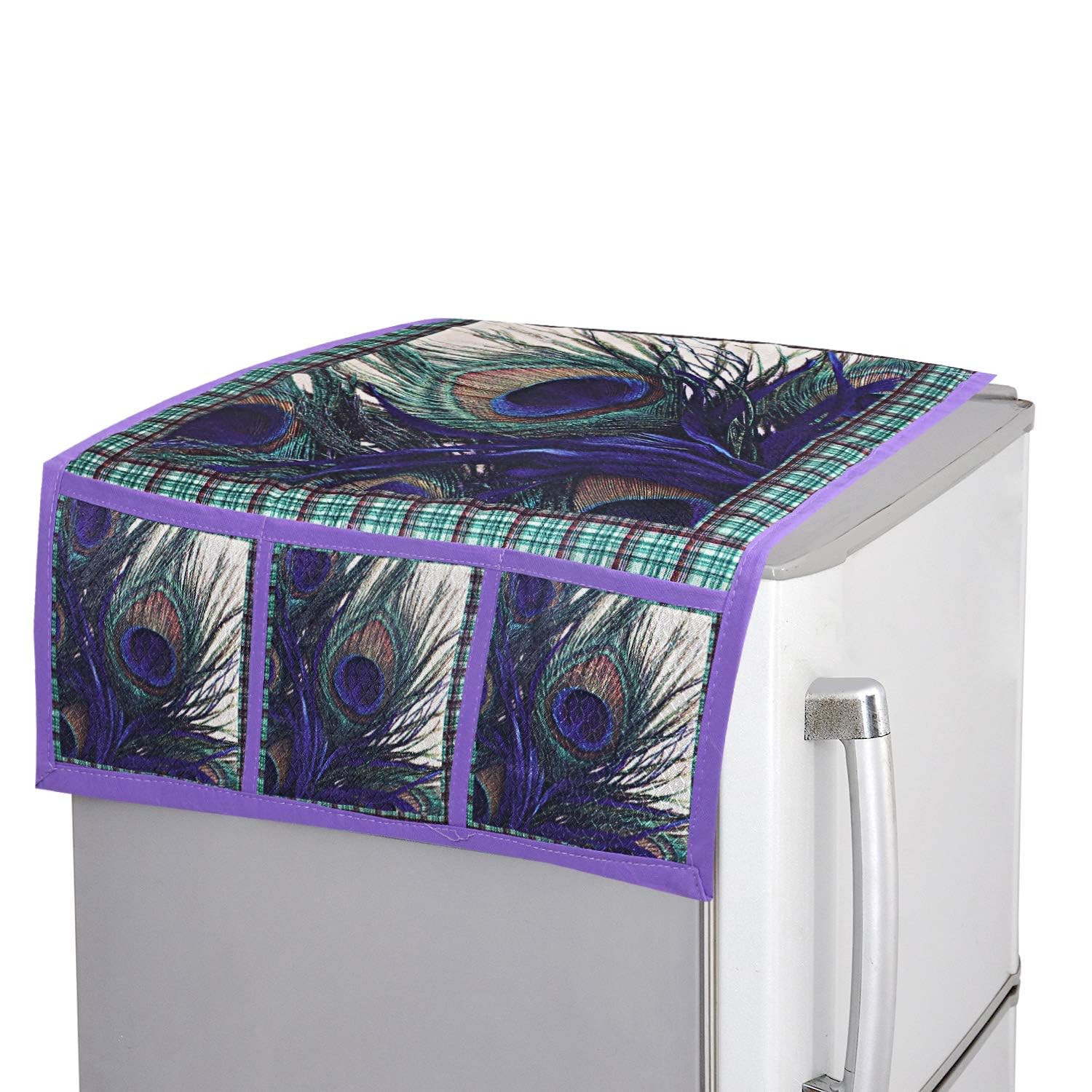 Tiksha Enterprises Peacock Wings Print Fridge Cover With Side Pockets|Fridge Top Cover|Refrigerator Double Door Cover|Washable Cotton Material|6 Utility Pockets Purple