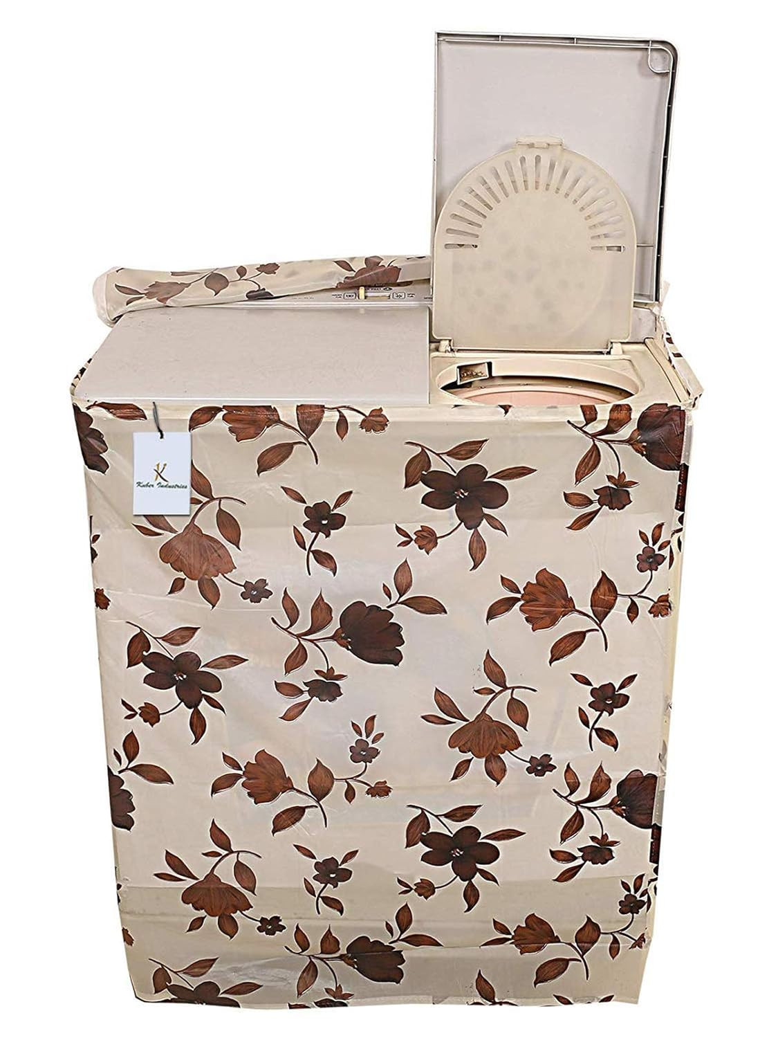 Tiksha Enterprises Floral PVC Top Load Semi Automatic Washing Machine Fitted Sheet Cover - Cream, Cotton (Top Load Semi Automatic Washing Machine Cover) | Decorative and Protective Appliance Cover