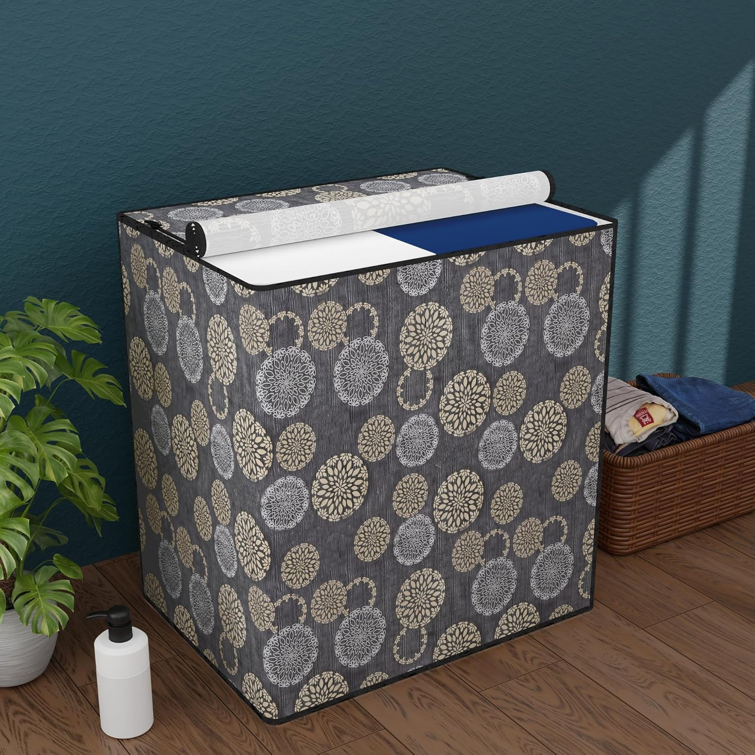 Tiksha Enterprises Waterproof & Dustproof Semi-Automatic Washing Machine Cover 6 kg/6.5 kg/7 kg/7.5 kg with Zip | Top Load Machine Cover With Cuts For Wires & Pipes | Black Golden Gola