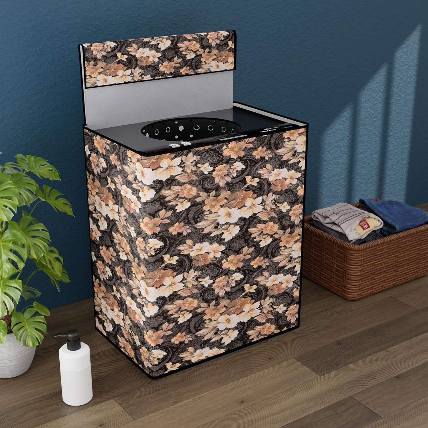 Tiksha Enterprises Semi/Fully Automatic Top Load Washing Machine Cover 6 kg/6.5 kg/7 kg/7.5 kg with Zip | Washing Machine Cover Top Load with Cuts for Wires & Pipes | Flower- Grey & Brown
