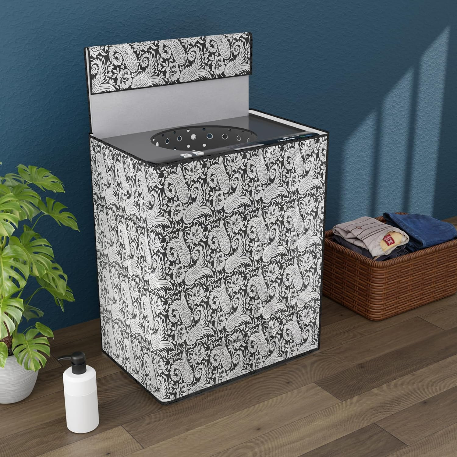 Tiksha Enterprises Semi/Fully Automatic Top Load Washing Machine Cover 6 kg/6.5 kg/7 kg/7.5 kg with Zip | Washing Machine Cover Top Load with Cuts for Wires & Pipes | Silver Carry- Black