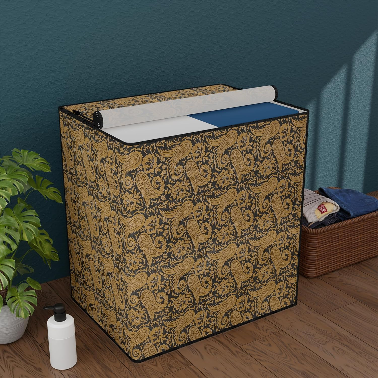 Tiksha Enterprises Waterproof & Dustproof Semi-Automatic Washing Machine Cover 6 kg/6.5 kg/7 kg/7.5 kg with Zip | Top Load Machine Cover With Cuts For Wires & Pipes | Black Golden Carry