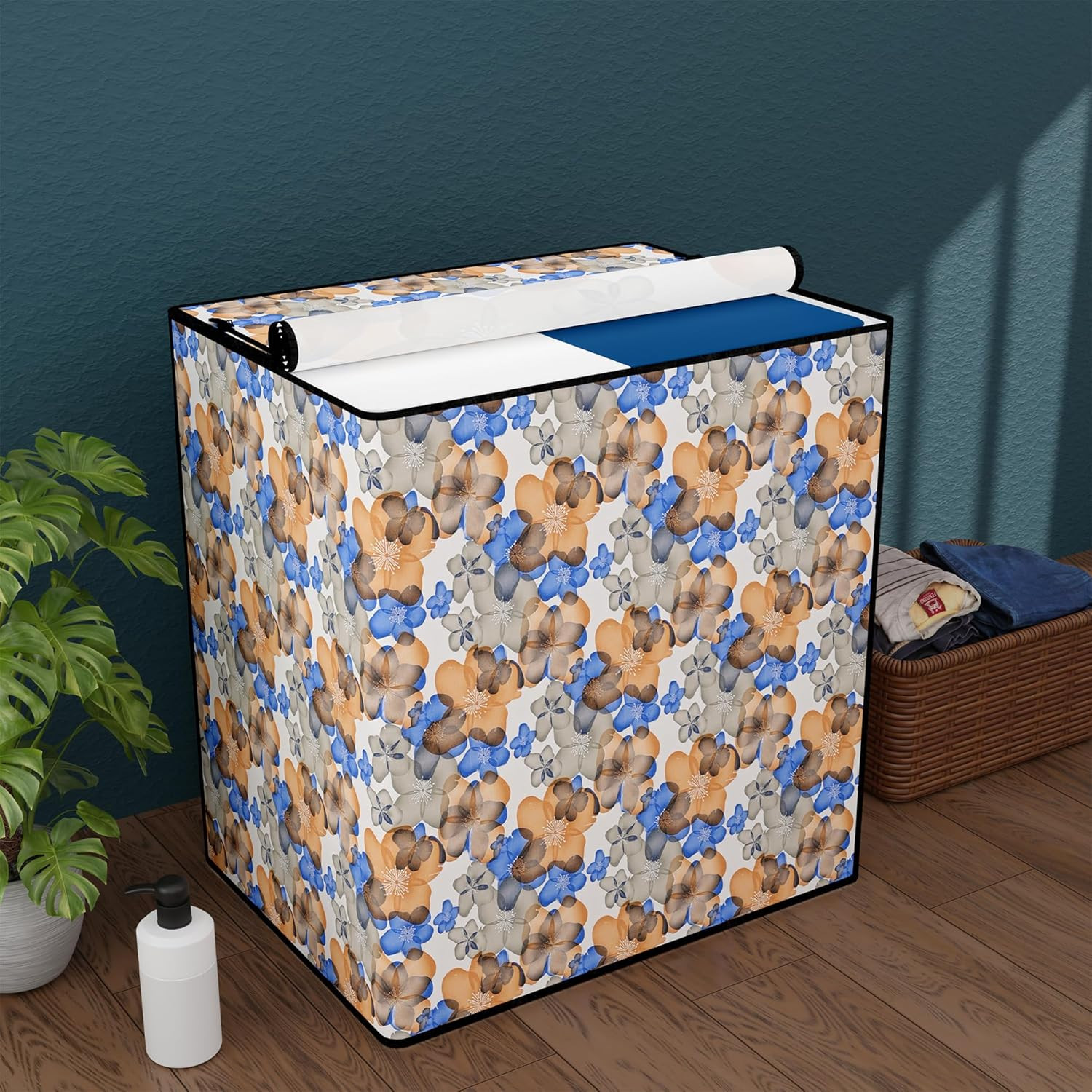 Tiksha Enterprises Waterproof & Dustproof Semi-Automatic Washing Machine Cover 6 kg/6.5 kg/7 kg/7.5 kg with Zip | Top Load Machine Cover With Cuts For Wire/Pipe | White Blue Multi Flower